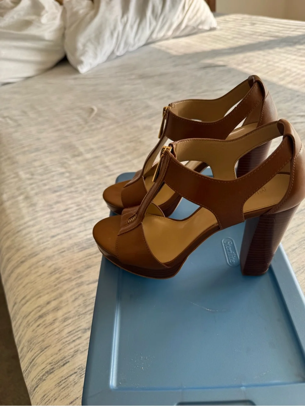 Michael Kors Brown Leather T-Strap Platform Heels with Gold Zipper